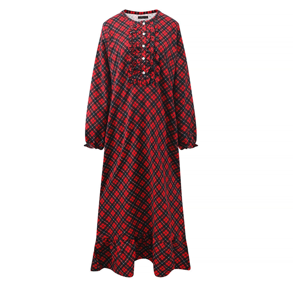 Women's Premium Flannel Long Gown - Plaid Red-Black