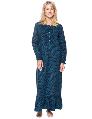 Women's Premium Flannel Long Gown - Moroccan Navy/Teal