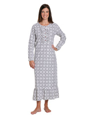 Women's Premium Flannel Long Gown - Moroccan White-Black