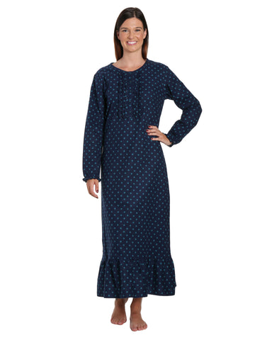 Women's Premium Flannel Long Gown - Dots Diva Blue