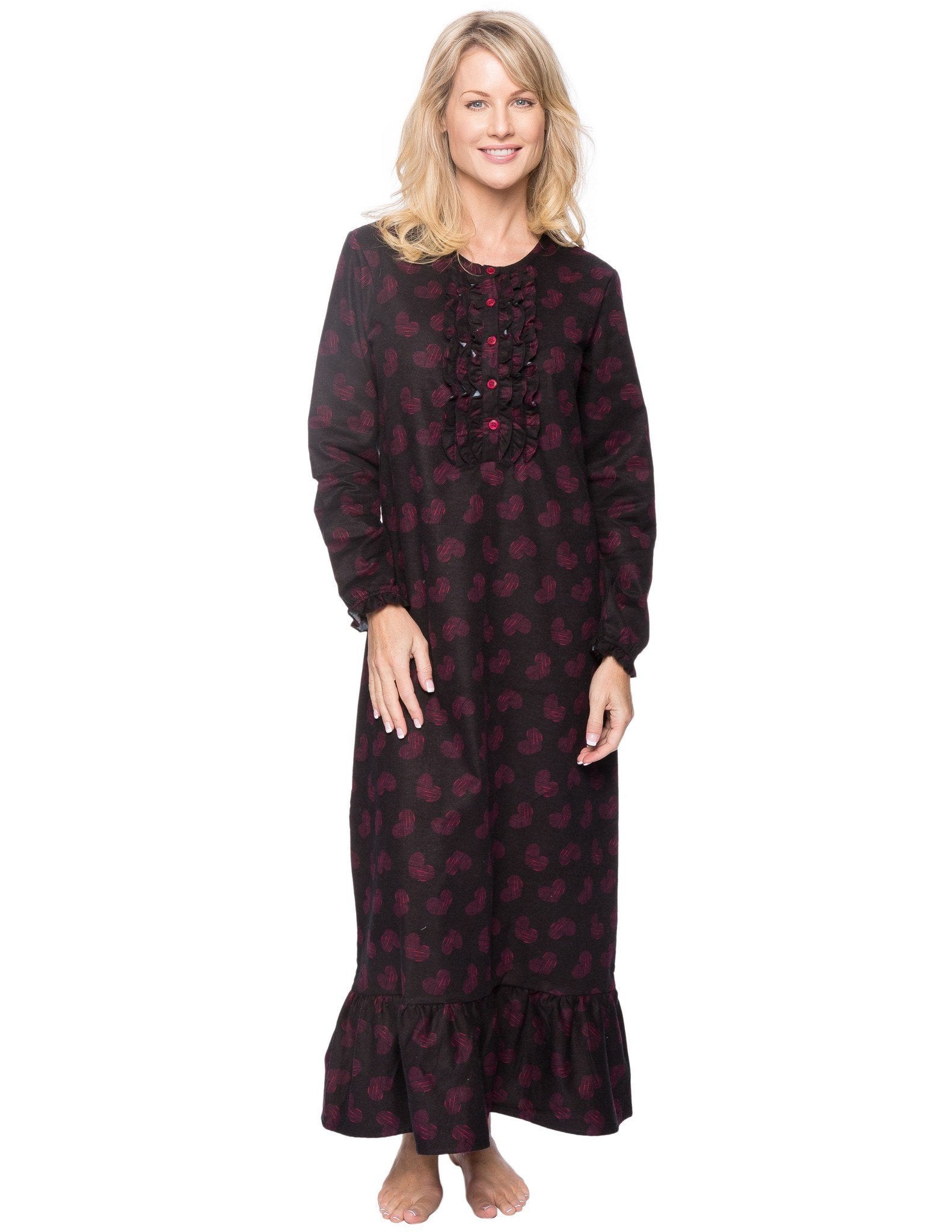 Women's Premium Flannel Long Gown - Hearts Black/Red