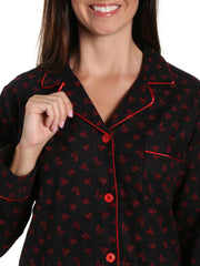 Womens Premium 100% Cotton Flannel Pajama Sleepwear Set - Doodle Hearts Black-Red