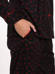 Womens Premium 100% Cotton Flannel Pajama Sleepwear Set - Doodle Hearts Black-Red