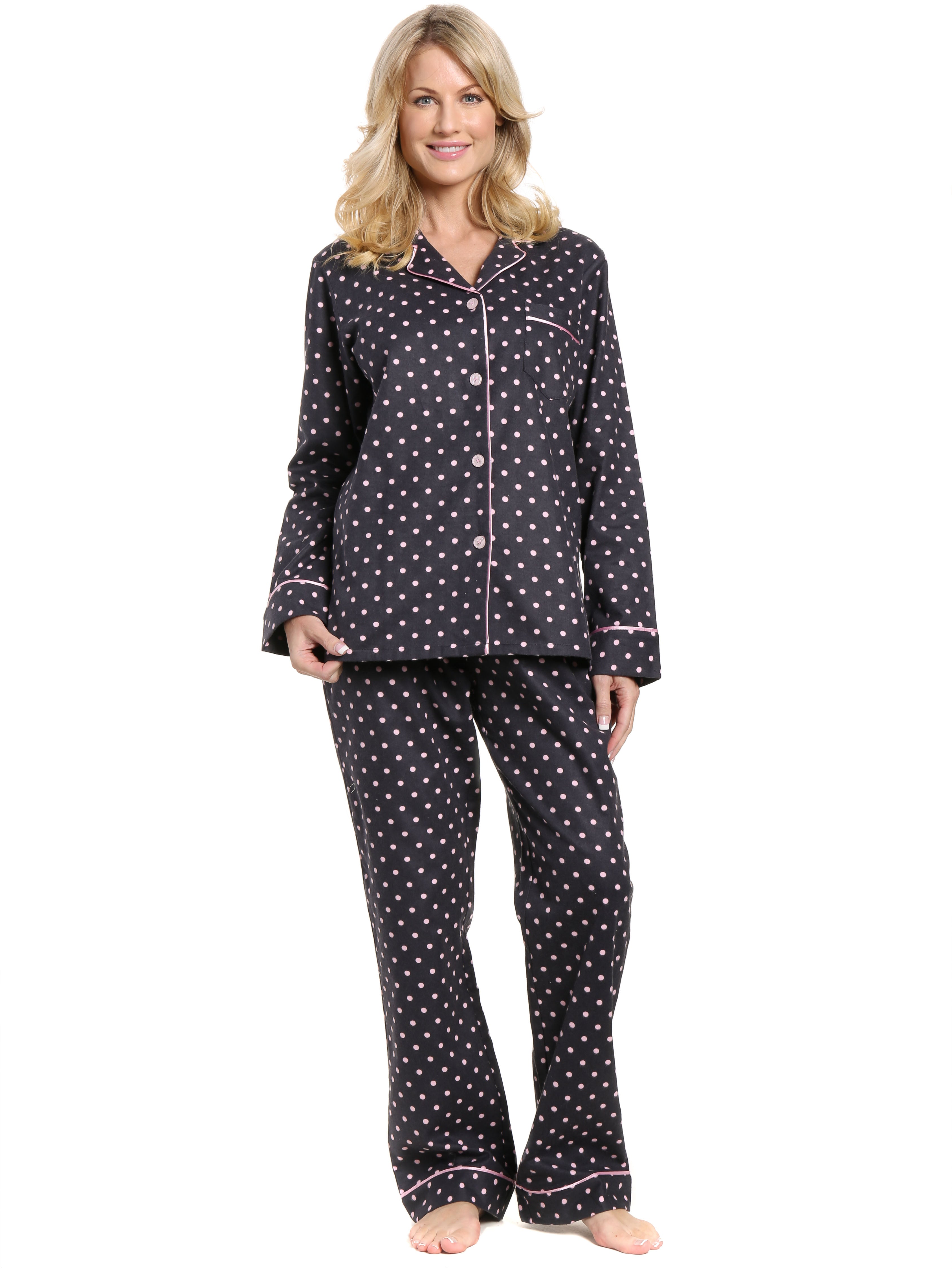Womens Premium 100% Cotton Flannel Pajama Sleepwear Set - Dots Diva Gray-Pink