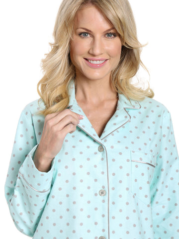 Womens Premium 100% Cotton Flannel Pajama Sleepwear Set - Dots Diva Aqua-Gray