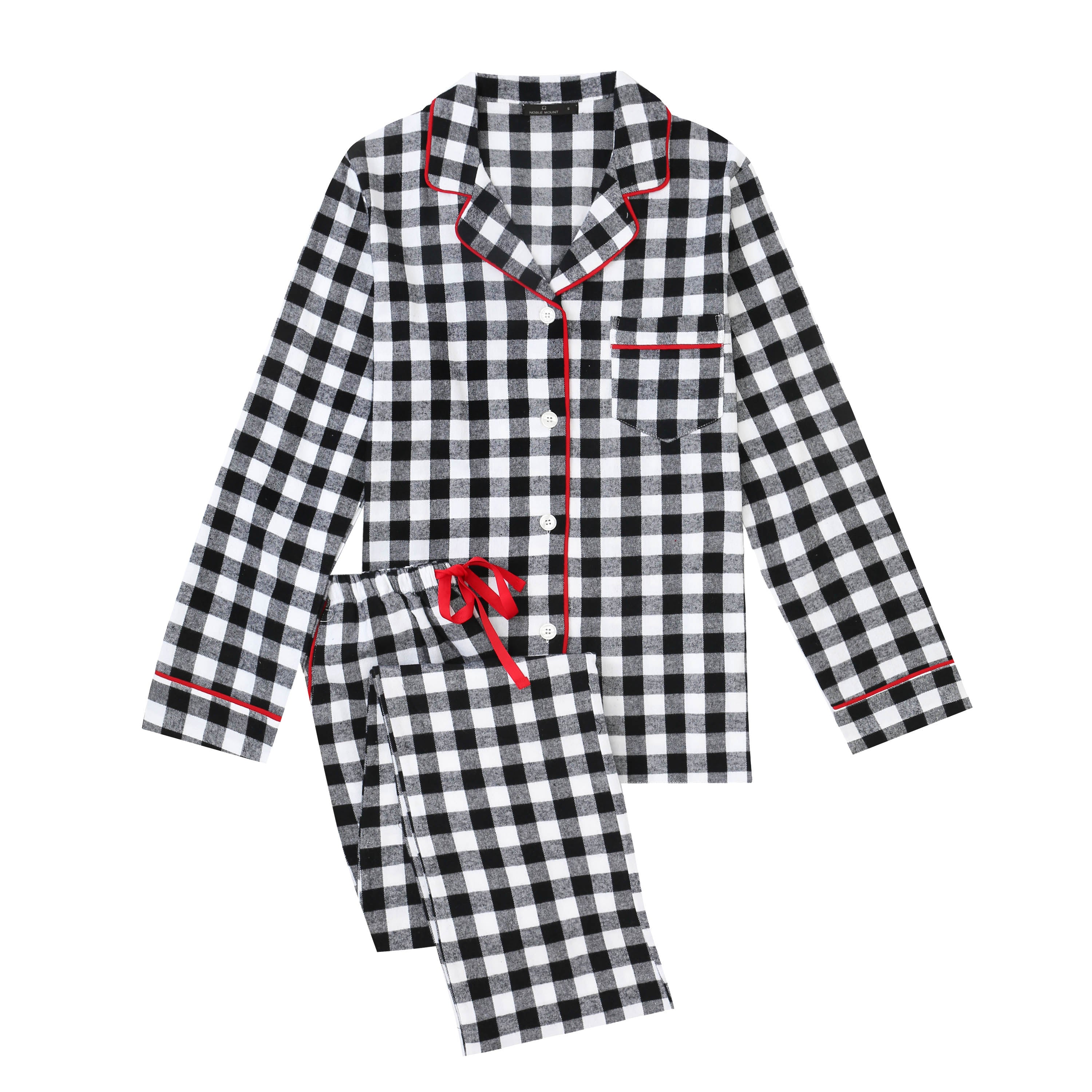 2Pc Lightweight Flannel Womens Pajama Sets - Gingham Black-White