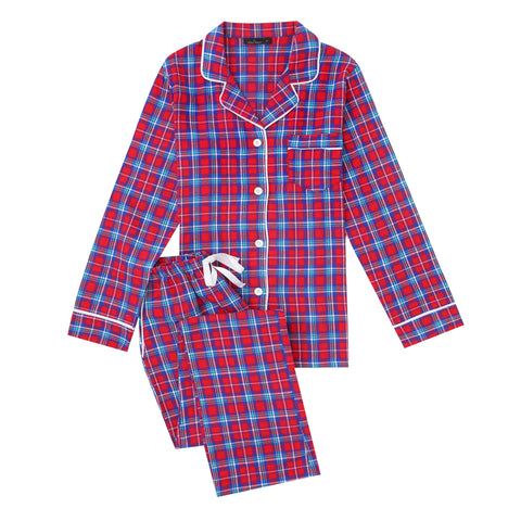 2Pc Lightweight Flannel Womens Pajama Sets - Plaid Red-Blue