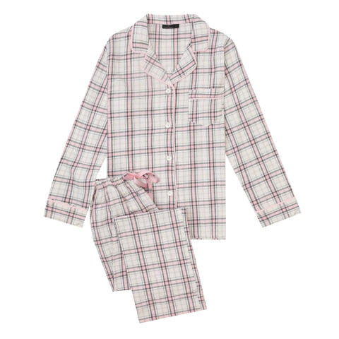 2Pc Lightweight Flannel Womens Pajama Sets - Plaid Pink-White-Gray
