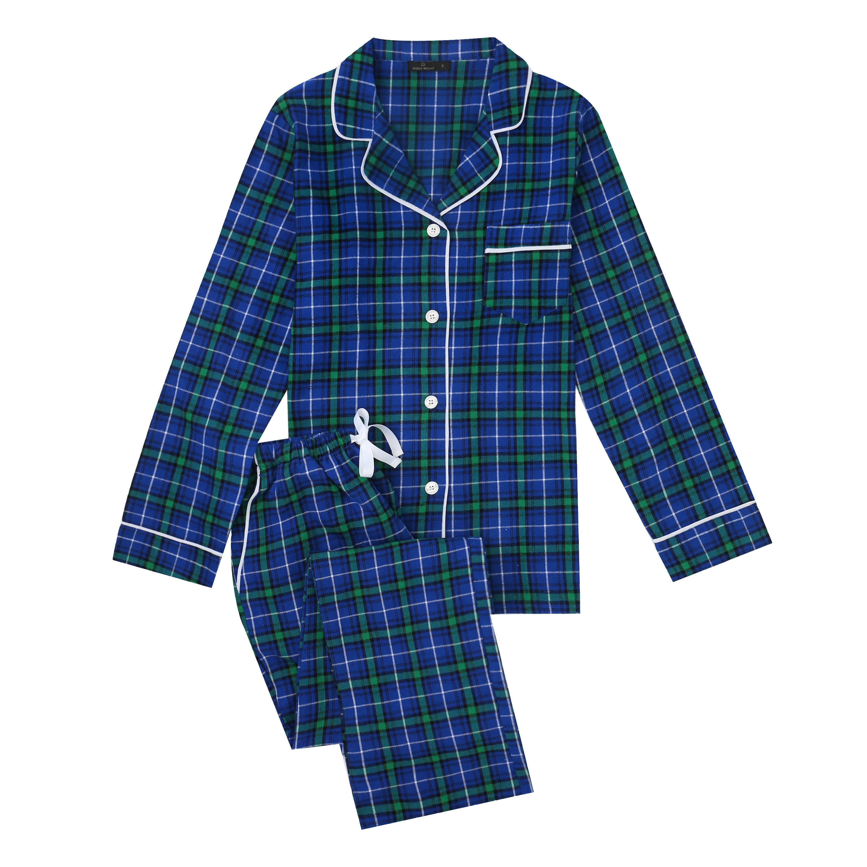 2Pc Lightweight Flannel Womens Pajama Sets - Blue-Green Scotch Plaid