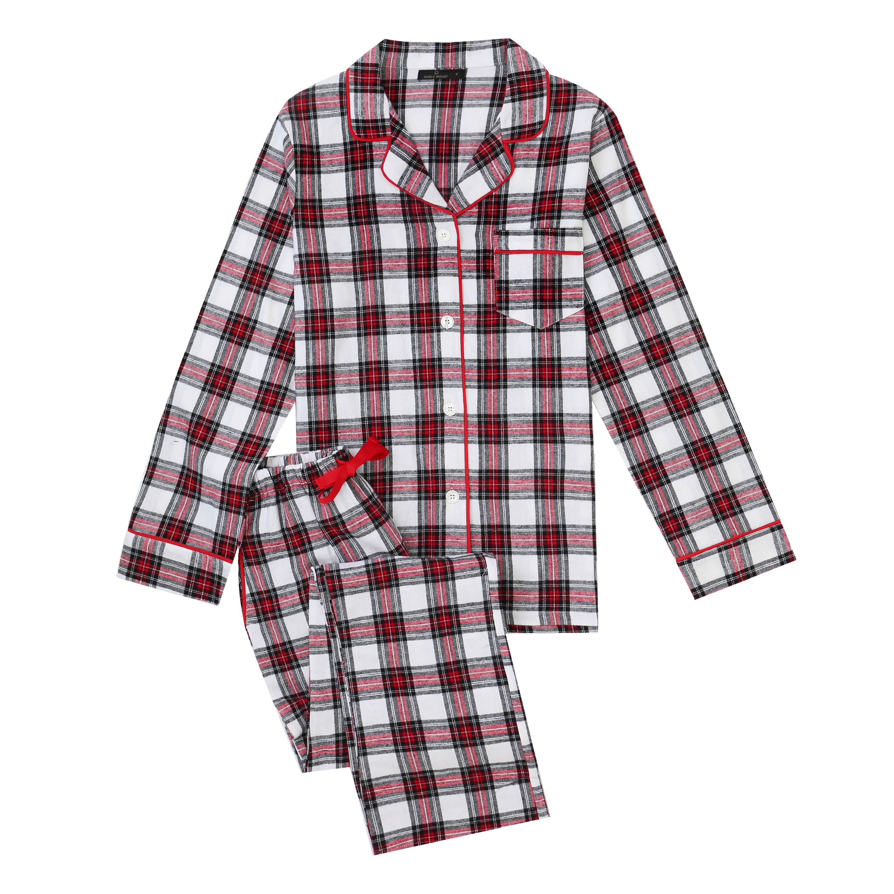 2Pc Lightweight Flannel Womens Pajama Sets - Red-White-Black Plaid