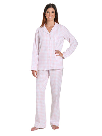 Womens Premium 100% Cotton Yarn Dyed Flannel Pajama Sleepwear Set - Gingham Pink-White