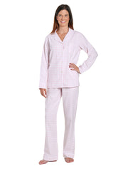 Womens Premium 100% Cotton Yarn Dyed Flannel Pajama Sleepwear Set - Gingham Pink-White
