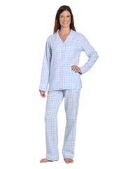 Womens Premium 100% Cotton Yarn Dyed Flannel Pajama Sleepwear Set - Gingham Blue-White