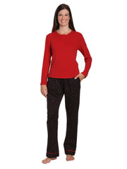 Womens Premium Cotton Flannel Loungewear Set - Doodle Hearts Black-Red
