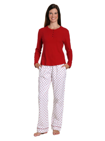 Womens Premium Cotton Flannel Loungewear Set - Dots Diva White-Red