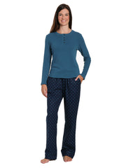 Womens Premium Cotton Flannel Loungewear Set - Dots Diva Blue