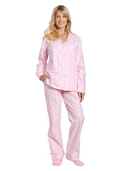 Box Packaged Women's Premium 100% Cotton Flannel Pajama Sleepwear Set - Brocade Pink-White