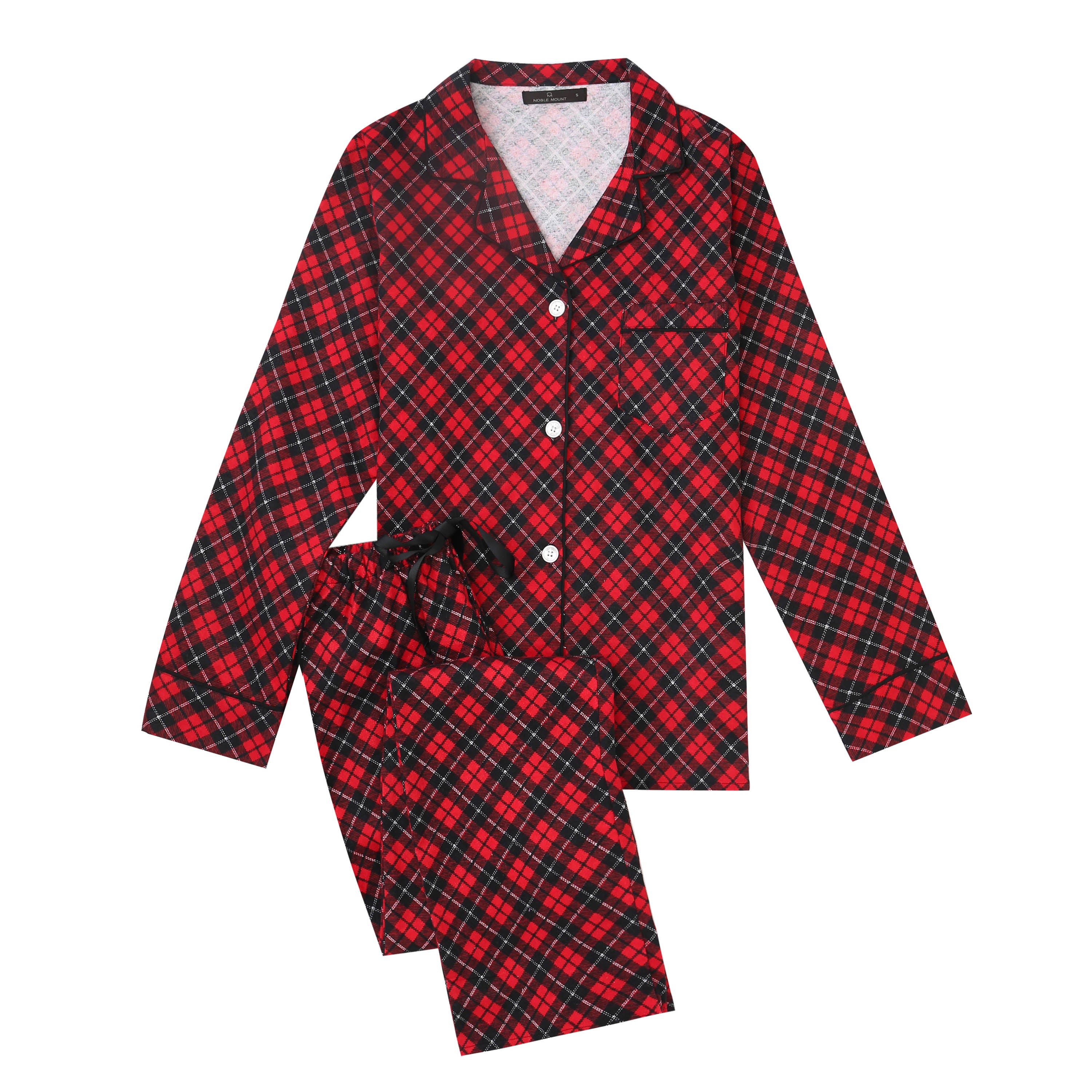 Women Pajamas Set - 100% Cotton Flannel Pajamas - Plaid Red-Black