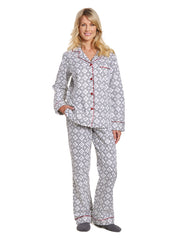Box Packaged Women's Premium 100% Cotton Flannel Pajama Sleepwear Set - Moroccan White-Black
