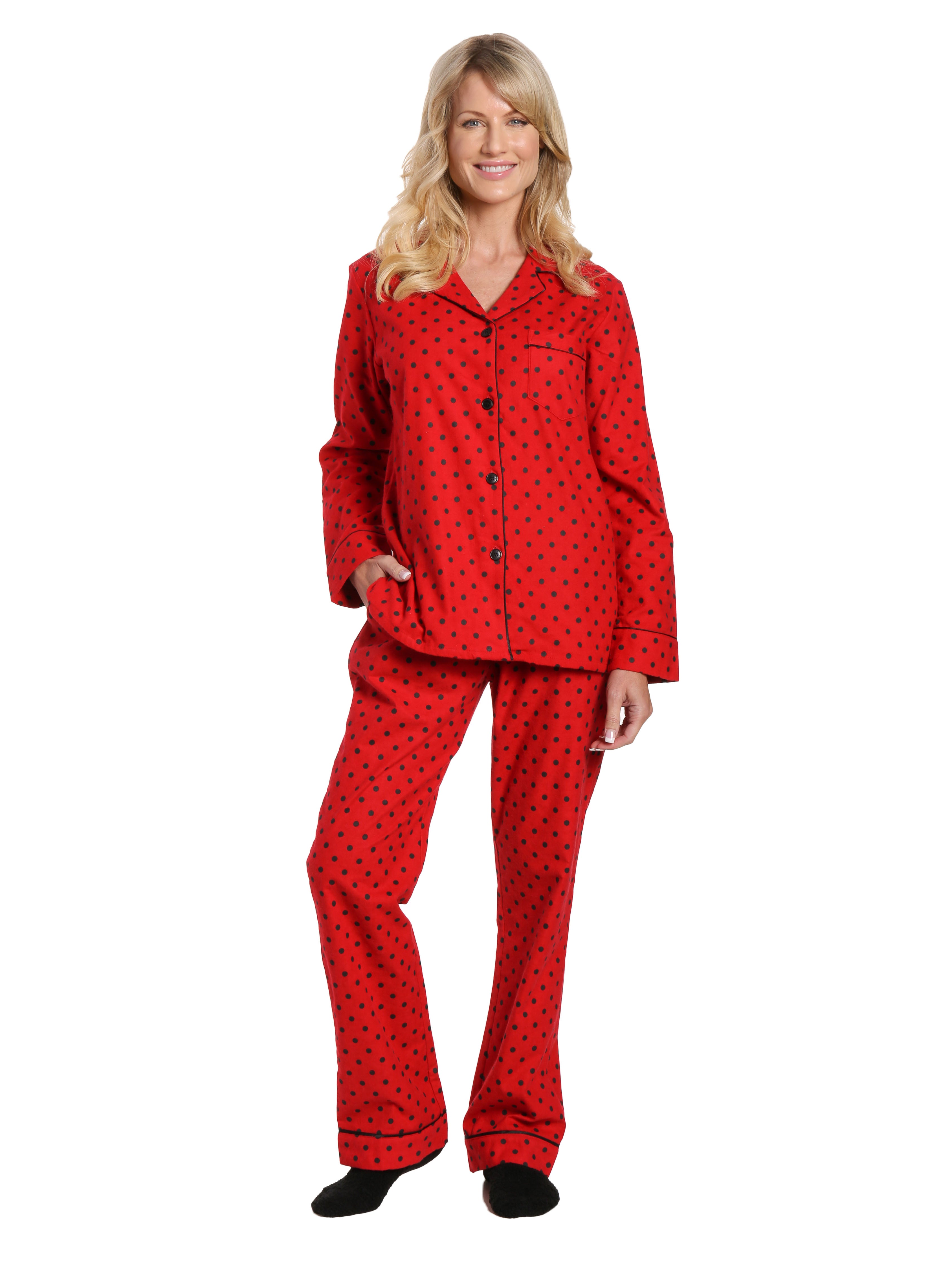 Box Packaged Women's Premium 100% Cotton Flannel Pajama Sleepwear Set - Dots Diva Red-Black
