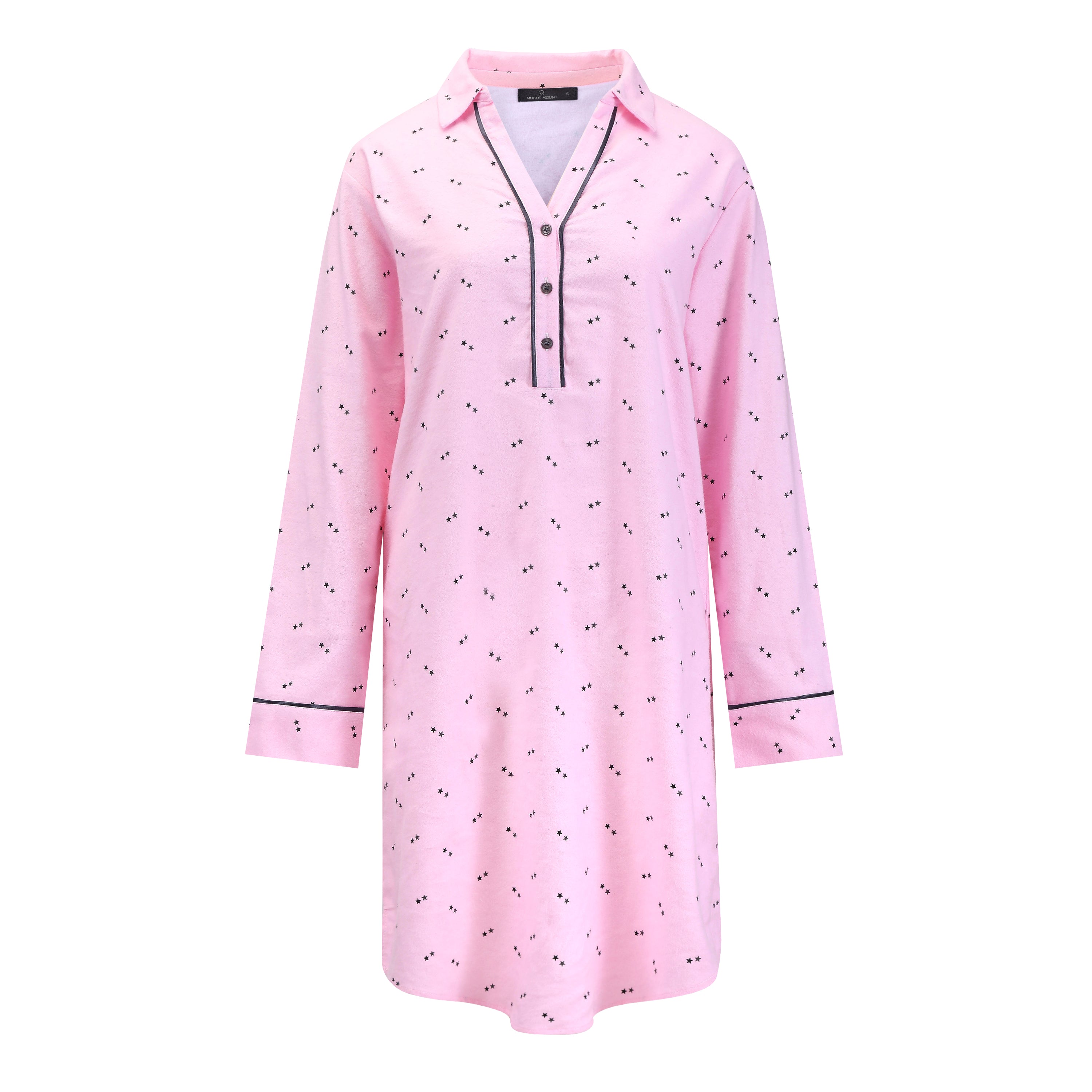 Noble Mount Womens Premium 100% Cotton Flannel Long Sleeve Sleep Shirt - Twinkle Pink-Grey