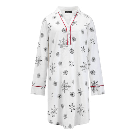 Noble Mount Womens Premium 100% Cotton Flannel Long Sleeve Sleep Shirt - Snowfall White-Gray