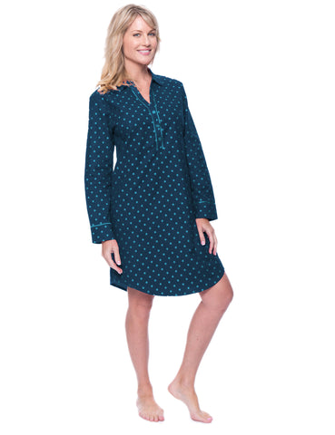 Noble Mount Womens Premium 100% Cotton Flannel Long Sleeve Sleep Shirt - Dots Diva Blue