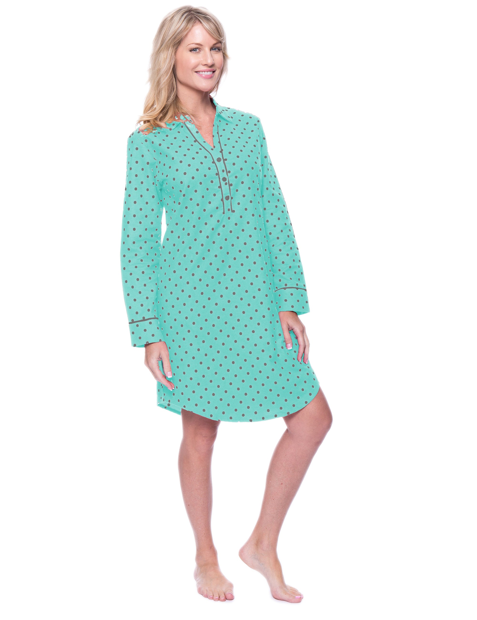 Noble Mount Womens Premium 100% Cotton Flannel Long Sleeve Sleep Shirt - Dots Diva Aqua-Gray