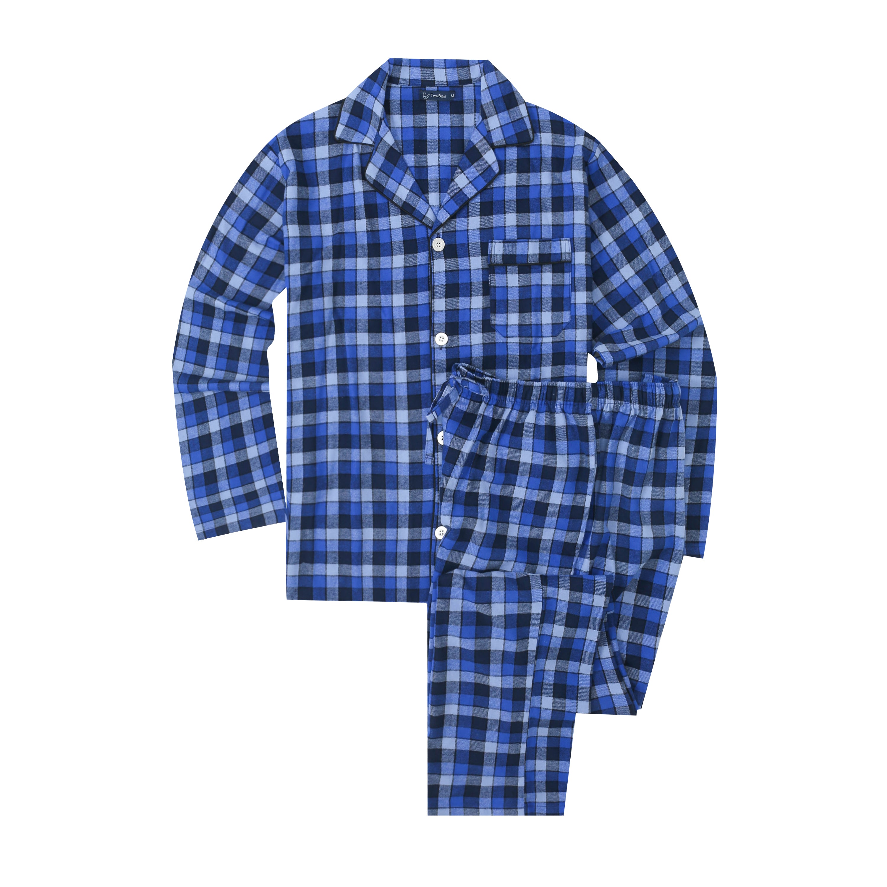Mens Pajamas Set - 100% Cotton Flannel Pajamas for Men - Gradient Plaid Navy-Blue