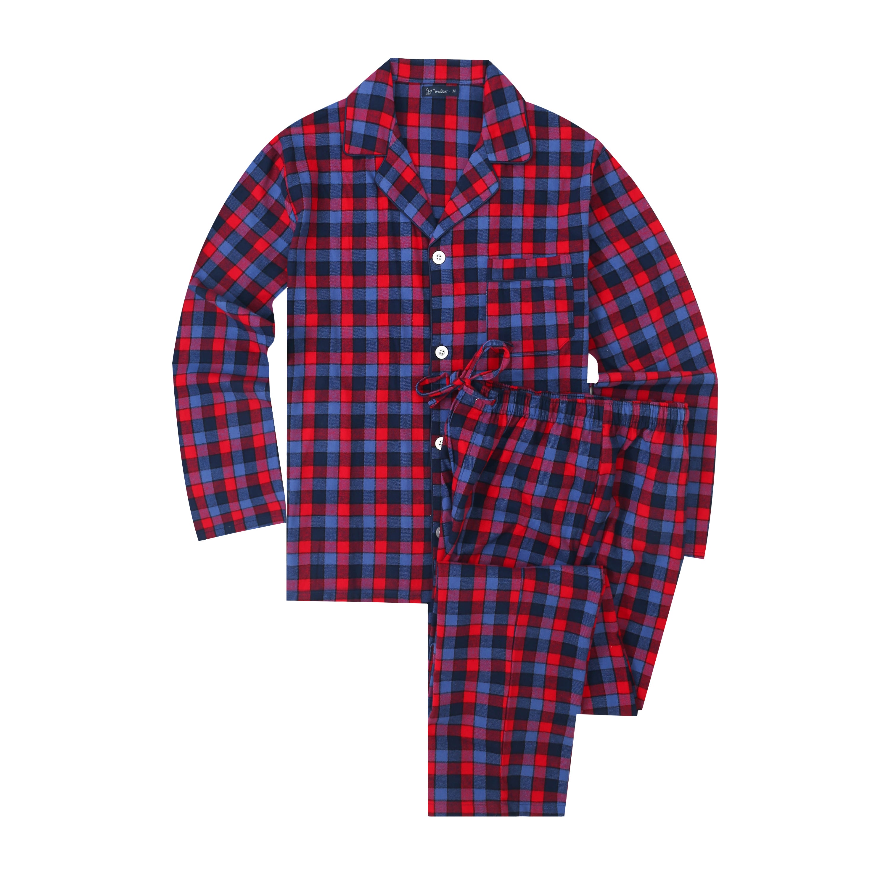 Mens Pajamas Set - 100% Cotton Flannel Pajamas for Men - Gradient Plaid Red-Blue