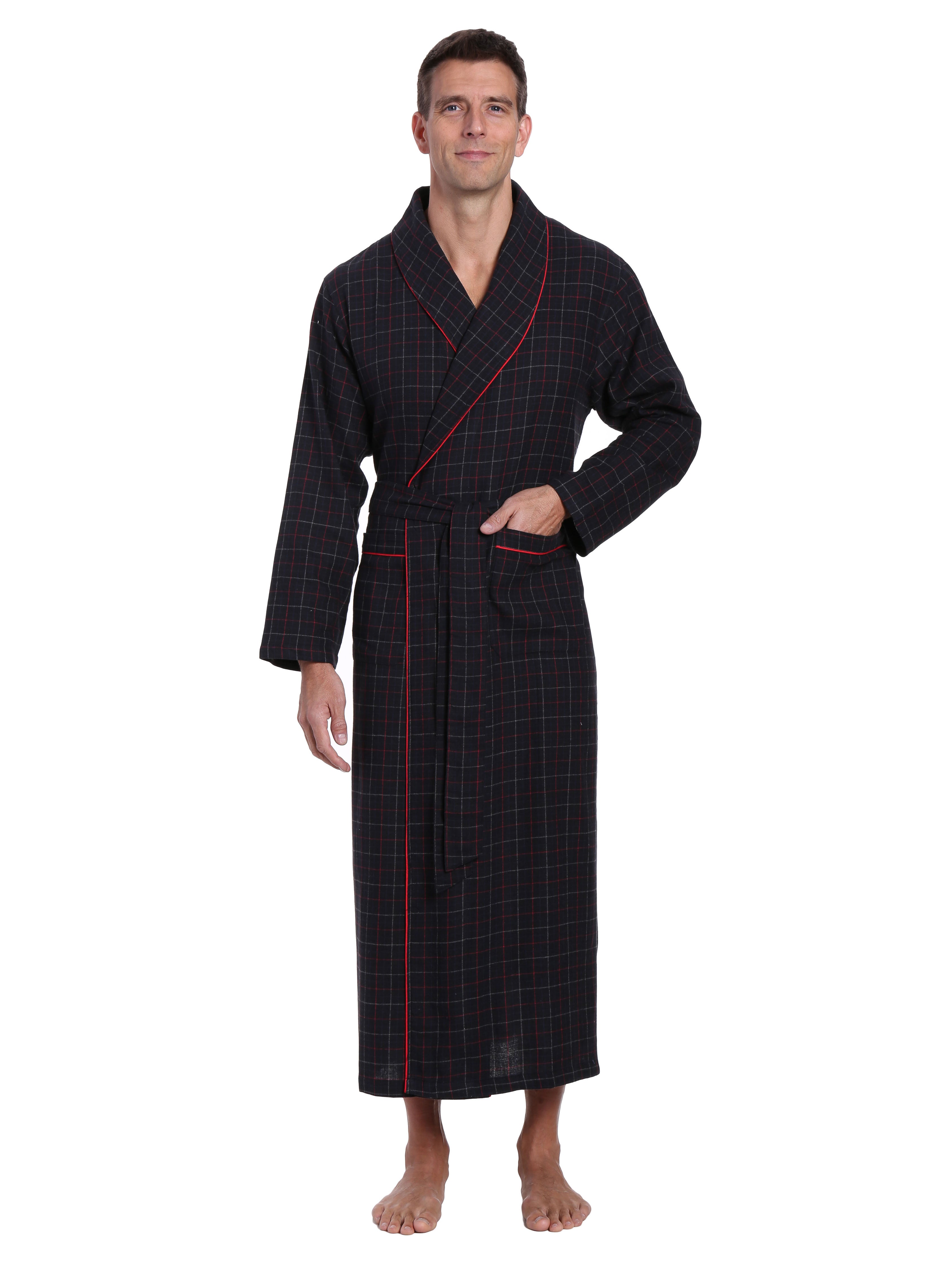 Men's 100% Cotton Flannel Long Robe - Plaid Black-Multi