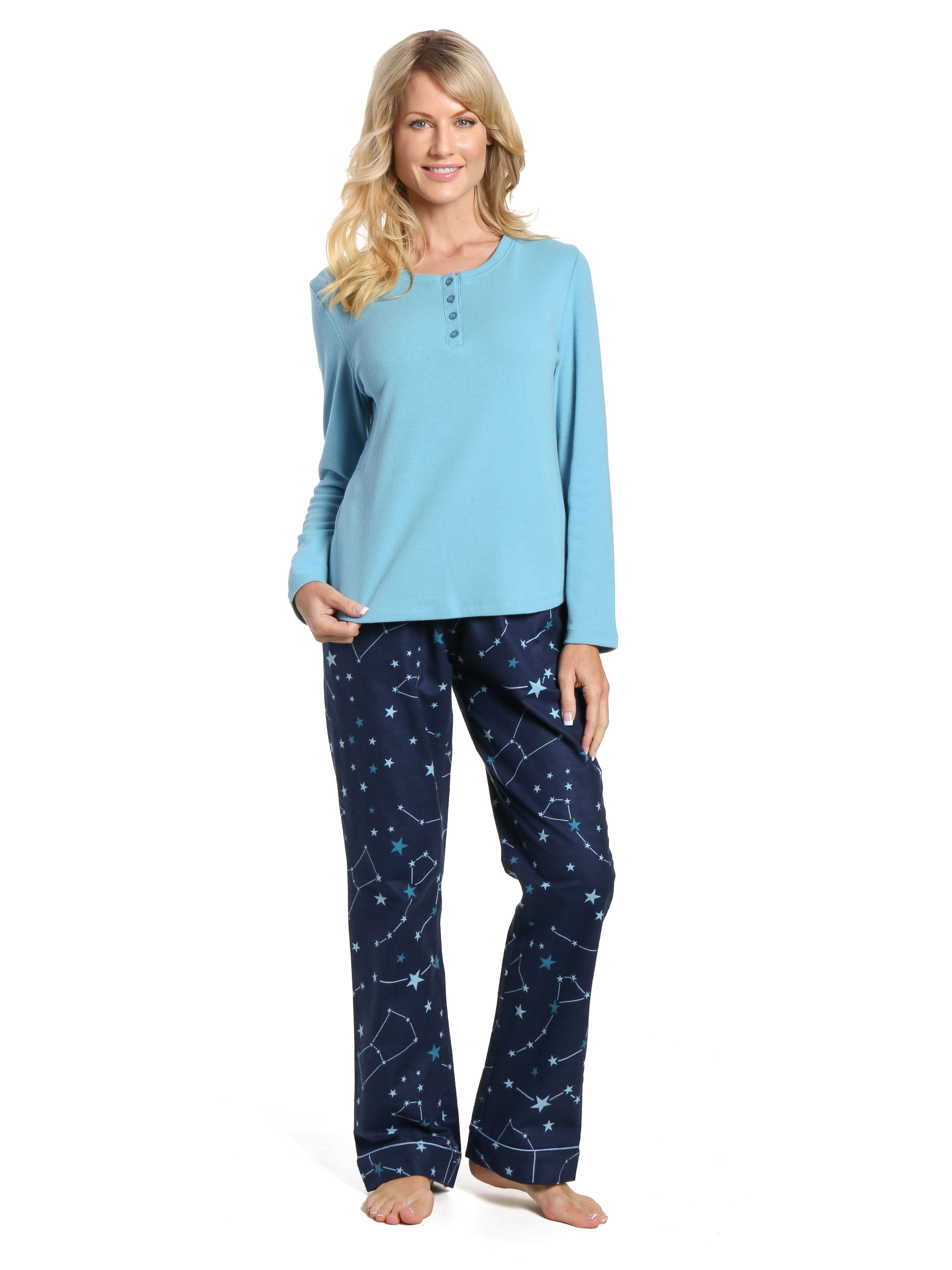 Womens Cotton Flannel Lounge Set with Henley Top - Constellations Blue