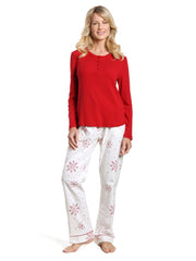 Womens Cotton Flannel Lounge Set with Henley Top - Lovely Snowflakes White-Red