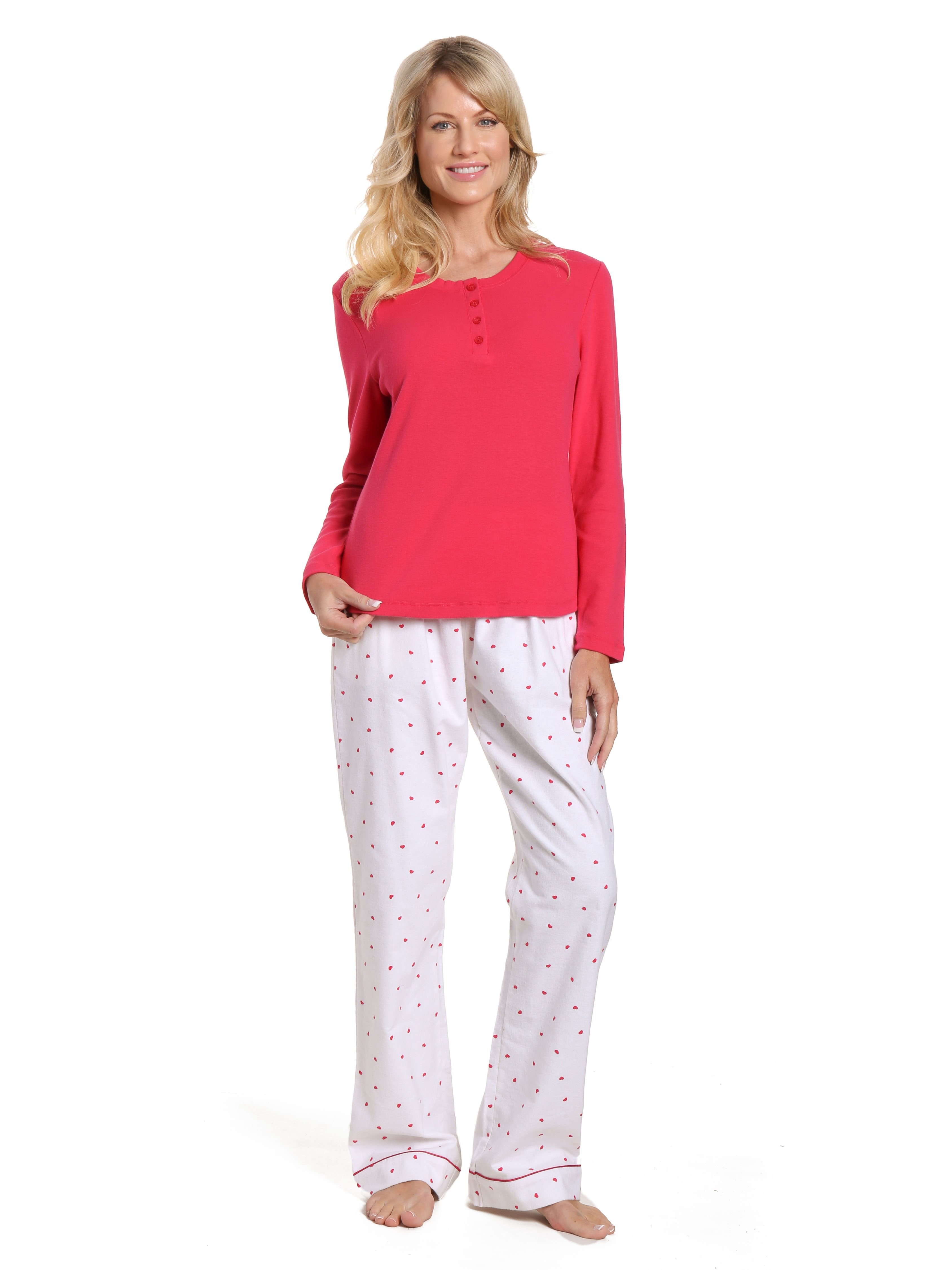 Womens Cotton Flannel Lounge Set with Henley Top - Little Hearts - White-Red
