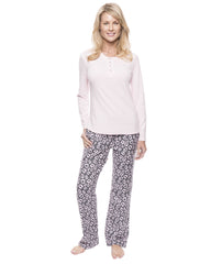 Womens Cotton Flannel Lounge Set with Henley Top - Jaguar Grey/Pink