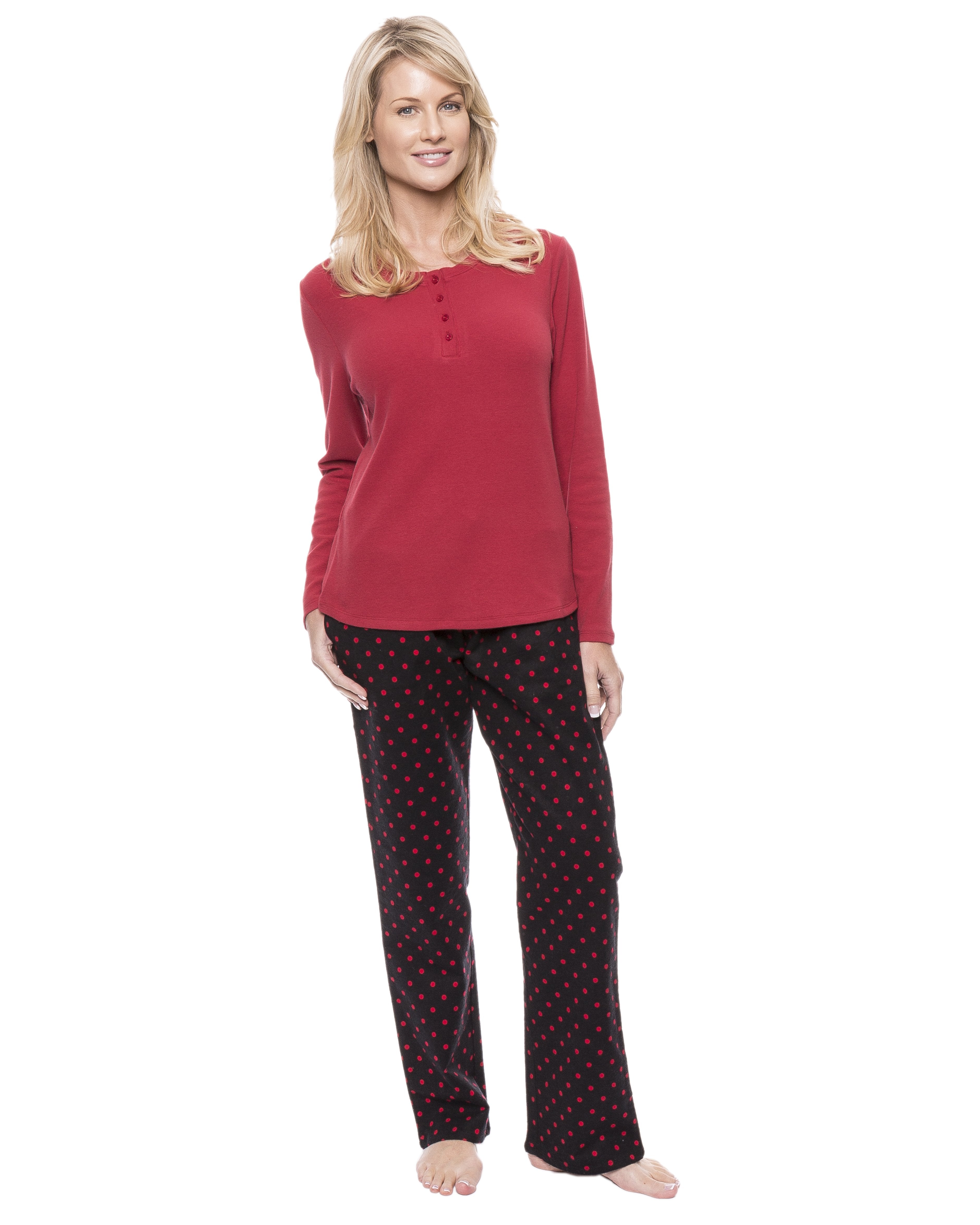 Womens Cotton Flannel Lounge Set with Henley Top - Dots Diva Black/Red