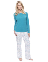 Womens Cotton Flannel Lounge Set with Henley Top - Floral White/Blue