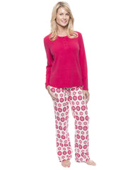 Womens Cotton Flannel Lounge Set with Henley Top - Mandala Cream/Red