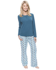 Womens Cotton Flannel Lounge Set with Henley Top - Scribbled Hearts White/Blue