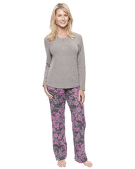 Womens Cotton Flannel Lounge Set with Henley Top - Floral Grey/Pink