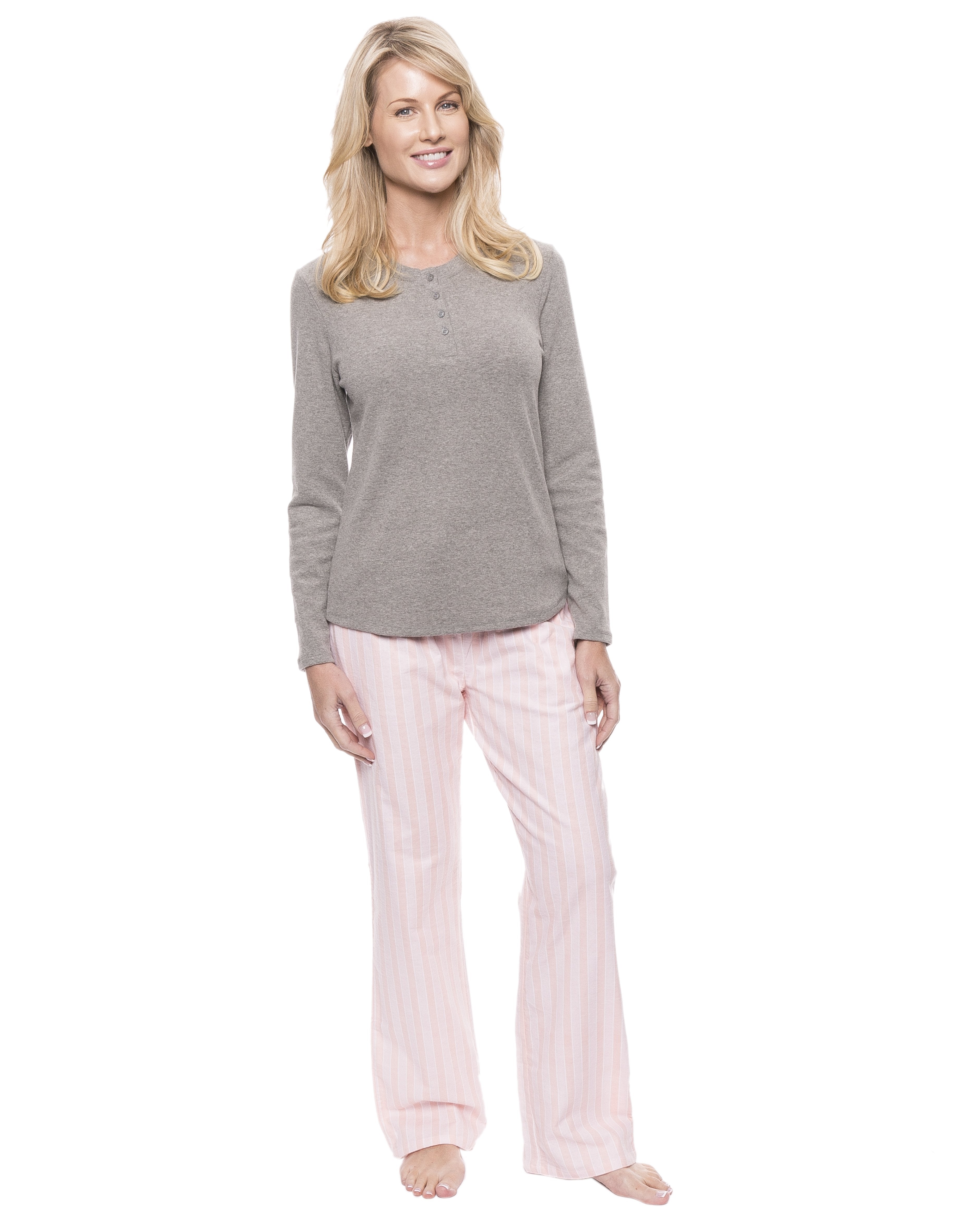 Womens Cotton Flannel Lounge Set with Henley Top - Stripes Pink