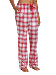 Womens 100% Cotton Lightweight Flannel Lounge Pants - Plaid White-Red