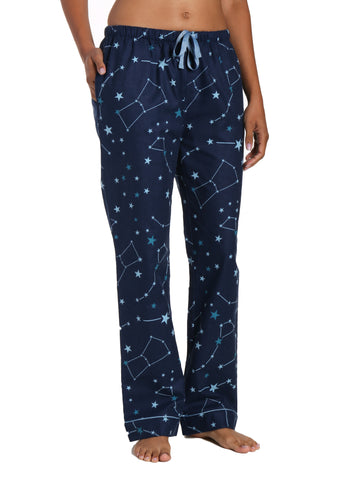 Womens 100% Cotton Flannel Lounge Pants - Constellations Blue