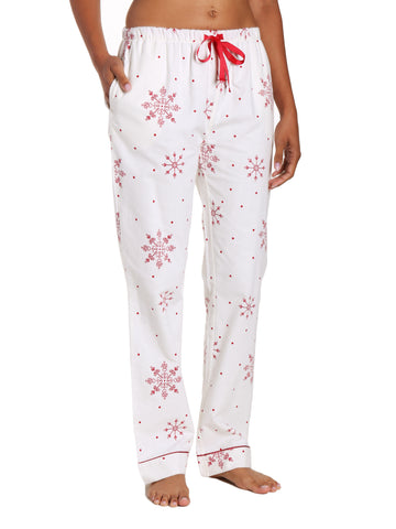 Womens 100% Cotton Flannel Lounge Pants - Lovely Snowflakes White-Red