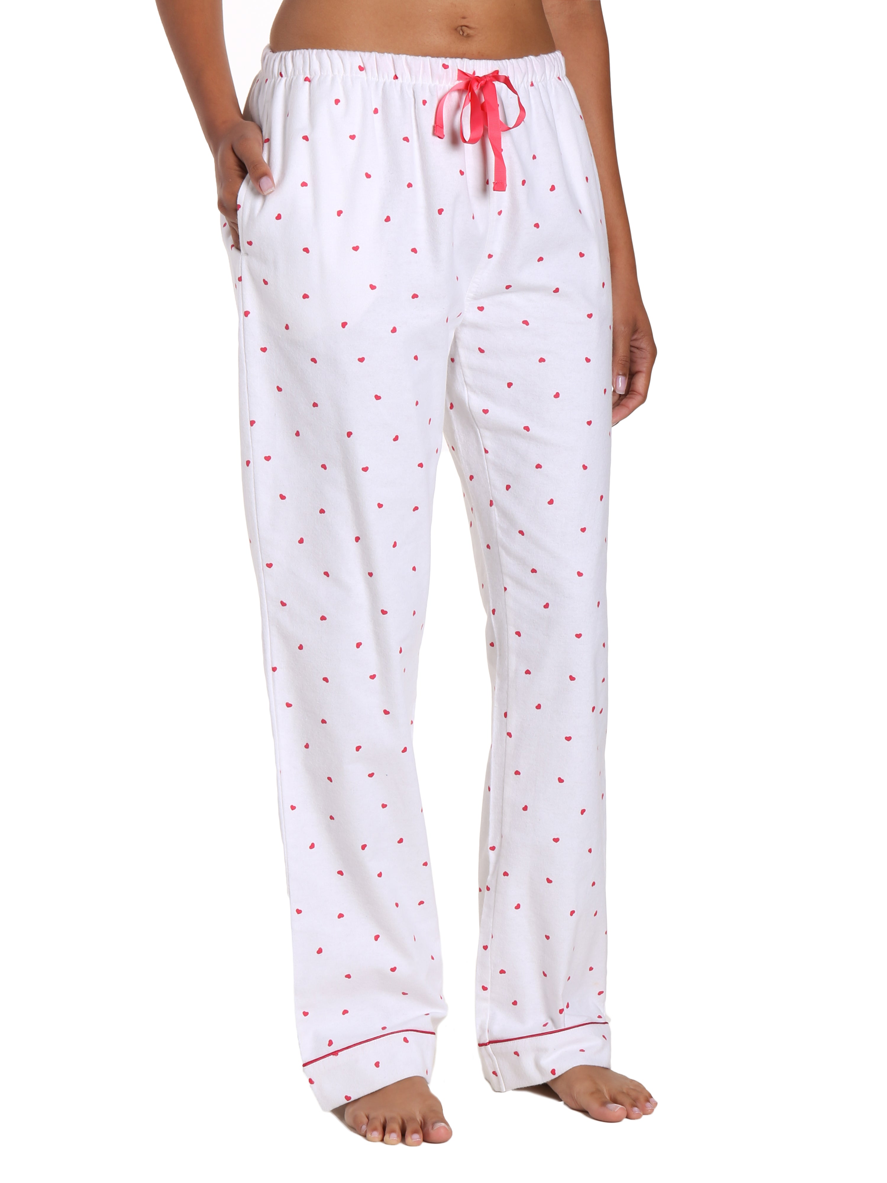 Womens 100% Cotton Flannel Lounge Pants - Little Hearts - White