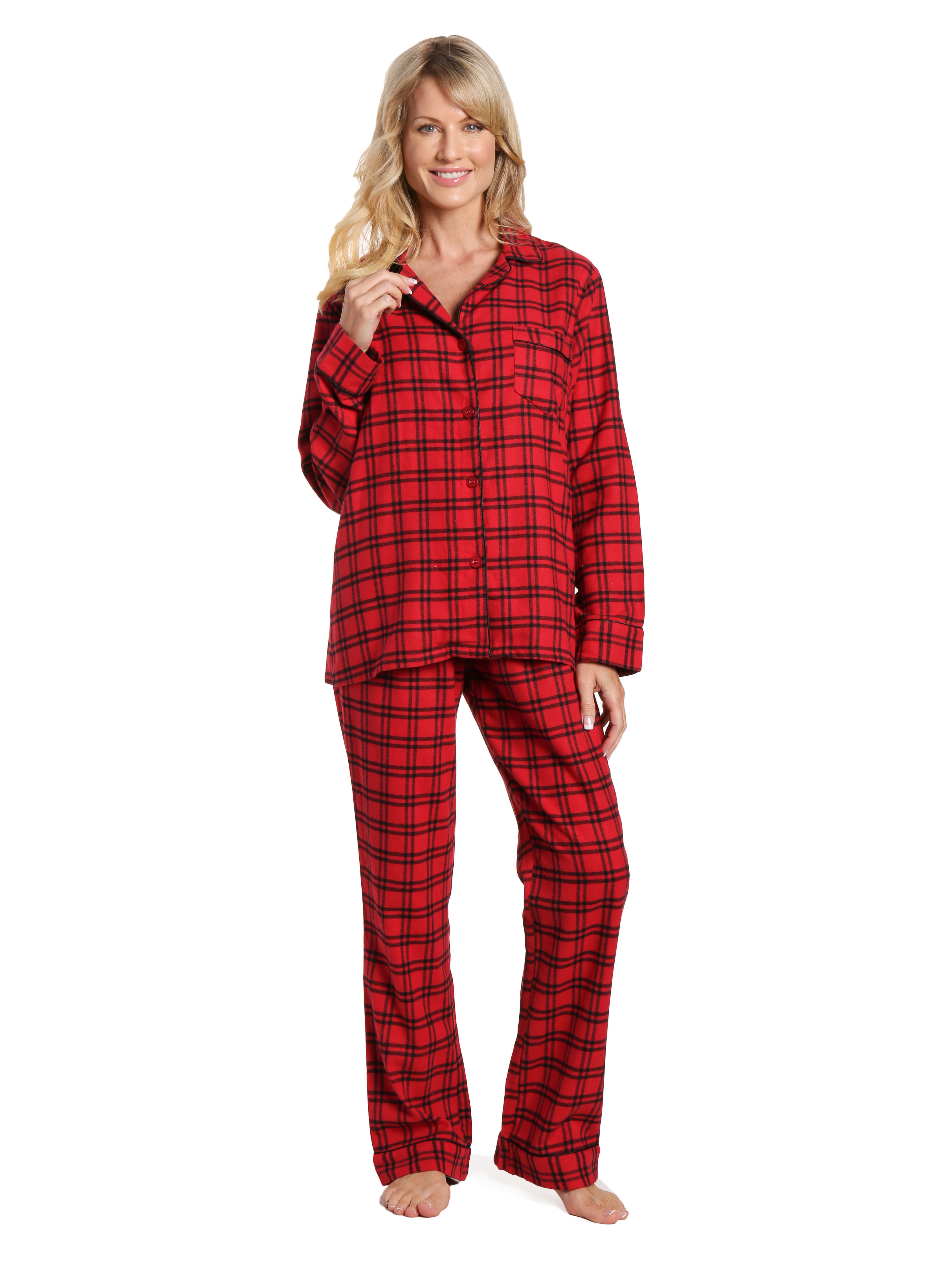 Womens 100% Cotton Lightweight Flannel Pajama Sleepwear Set - Checks Red-Black