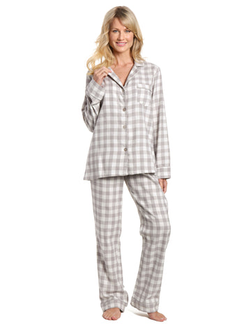 Womens 100% Cotton Lightweight Flannel Pajama Sleepwear Set - Gingham Gray