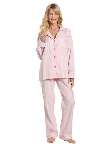 Womens 100% Cotton Lightweight Flannel Pajama Sleepwear Set - Stripes Pink