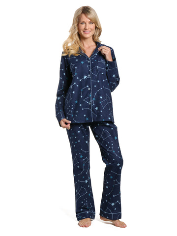 Women's 100% Cotton Flannel Pajama Sleepwear Set - Constellations Blue