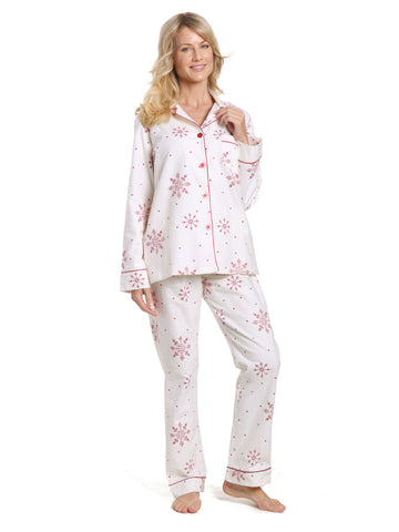 Women's 100% Cotton Flannel Pajama Sleepwear Set - Lovely Snowflakes White-Red